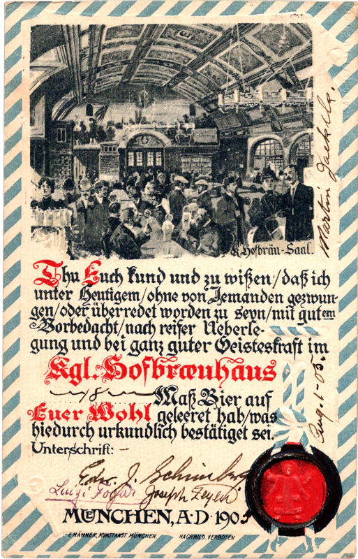 A certificate with a picture of a brewery hall