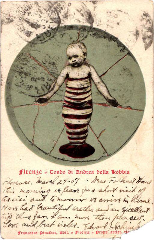 a postcard with a child in a striped dress