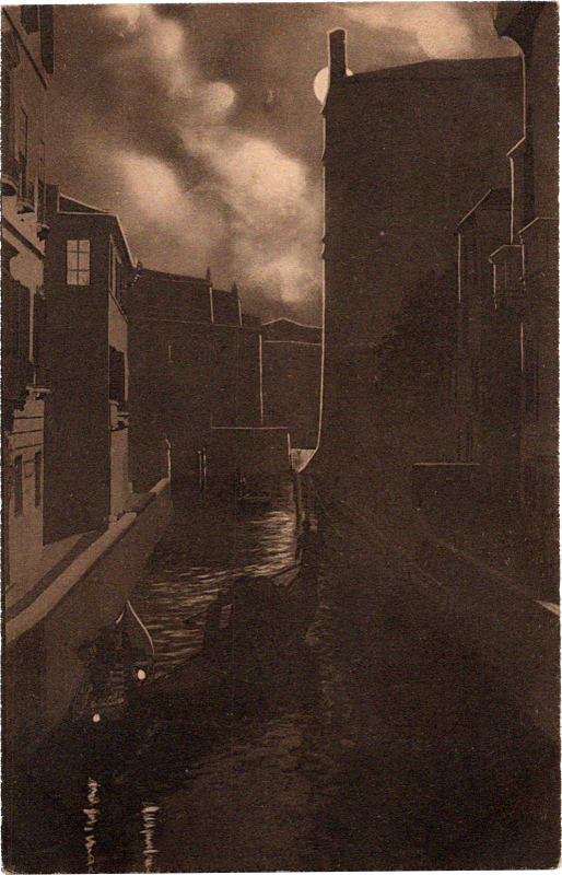 a dark city with buildings and a boat