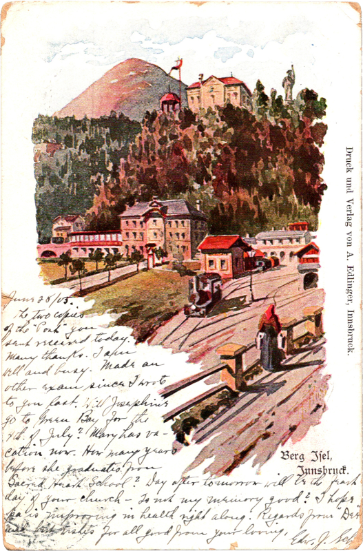 a drawing of a town on a hill