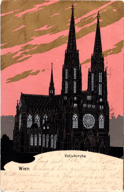 a black and pink picture of a building