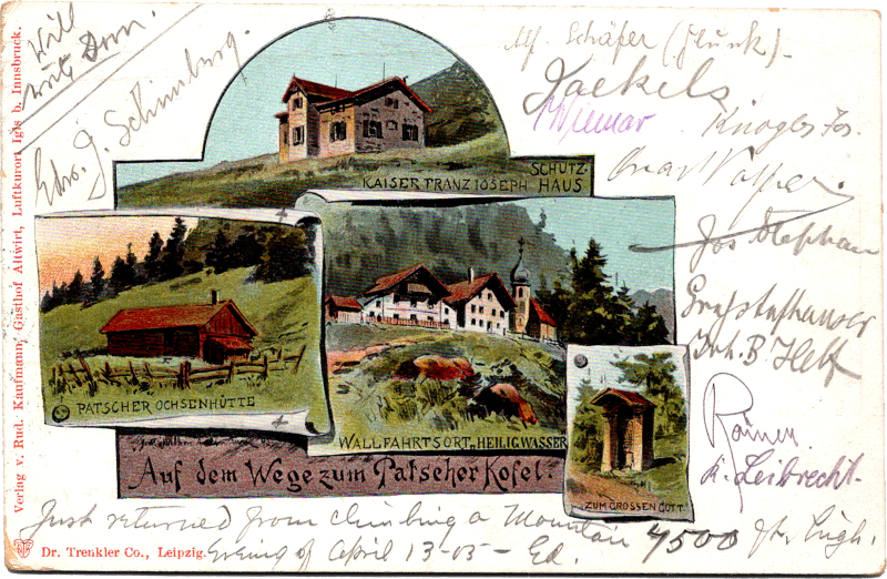 a postcard with pictures of houses and mountains