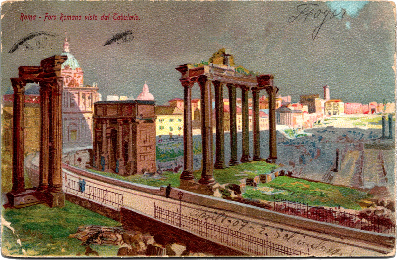 a painting of a city with columns and a bridge