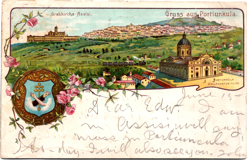 a postcard with a city and buildings