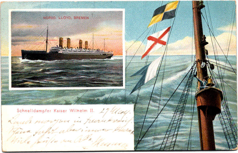a postcard with a ship and a flag