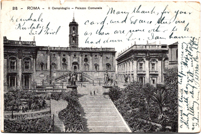 a postcard with a building