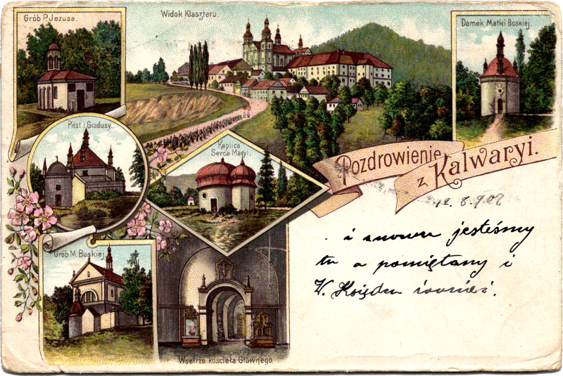a postcard with a group of pictures of buildings and trees