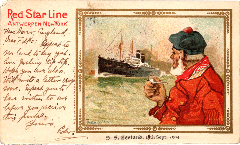 a ship on the water and a captain smoking a pipe