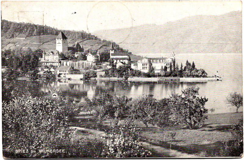 a black and white photo of a town by a lake