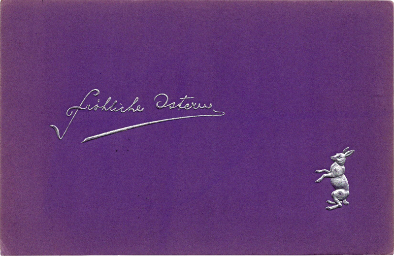 a purple card with silver writing