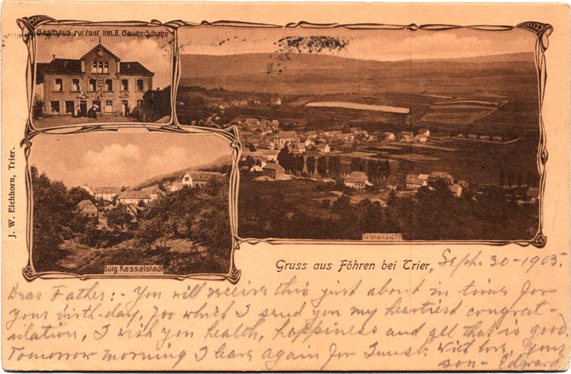 a postcard with a picture of a town and a building
