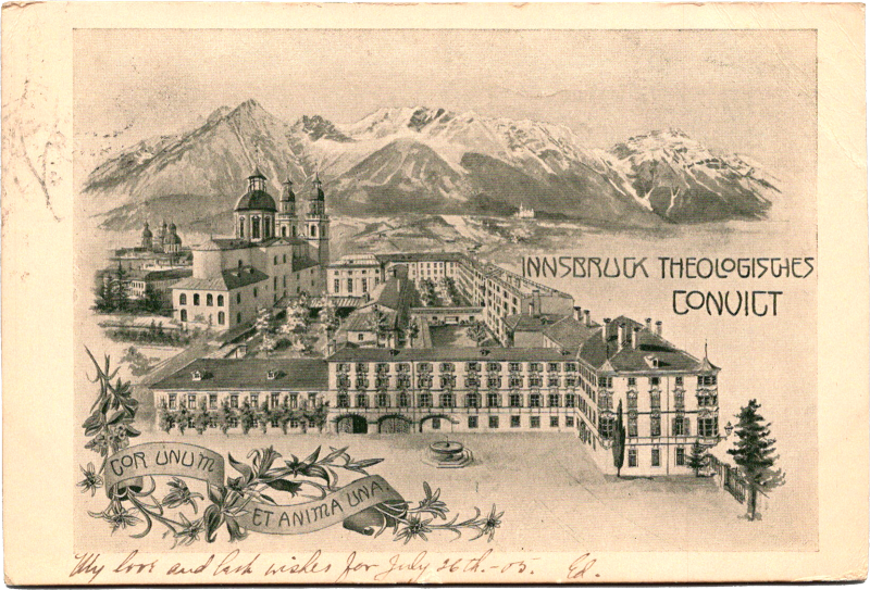 a drawing of a building with mountains in the background