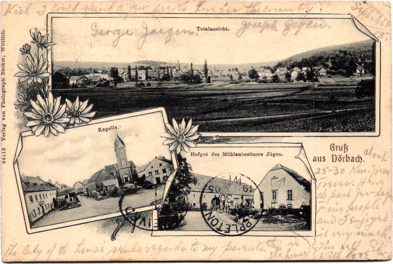 a postcard with pictures of a village and a flower
