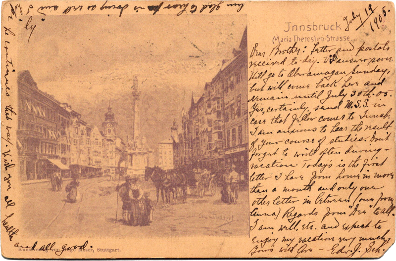 An old postcard with a picture of a horse drawn carriage.