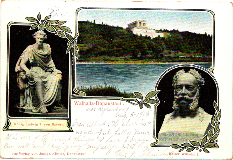 A postcard with statues of a men.