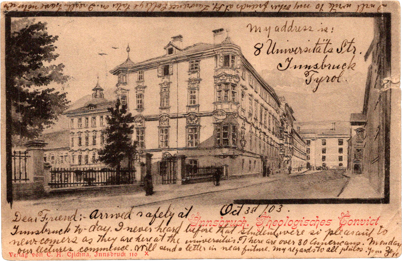 A black and white drawing of a building with a fence and trees.