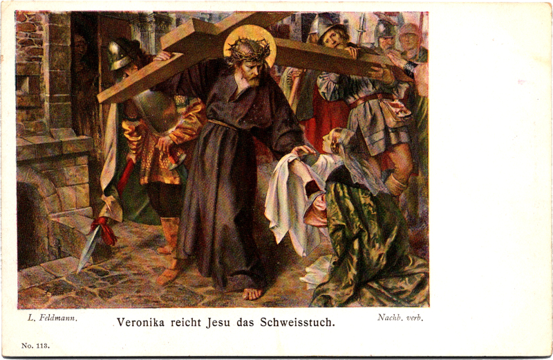 a painting of a person carrying a cross