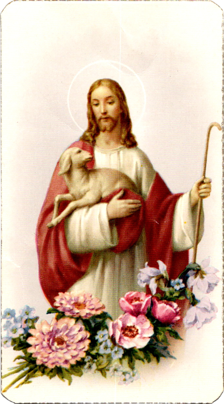 Jesus holding a lamb and flowers.