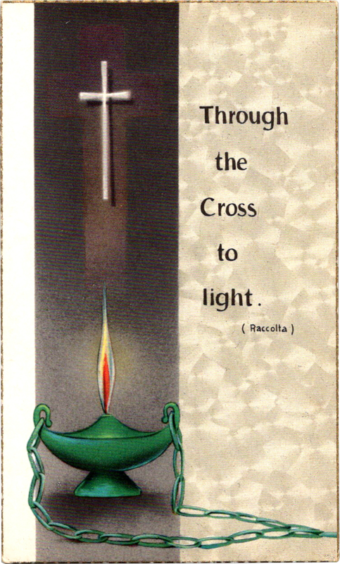a card with a lamp and a cross