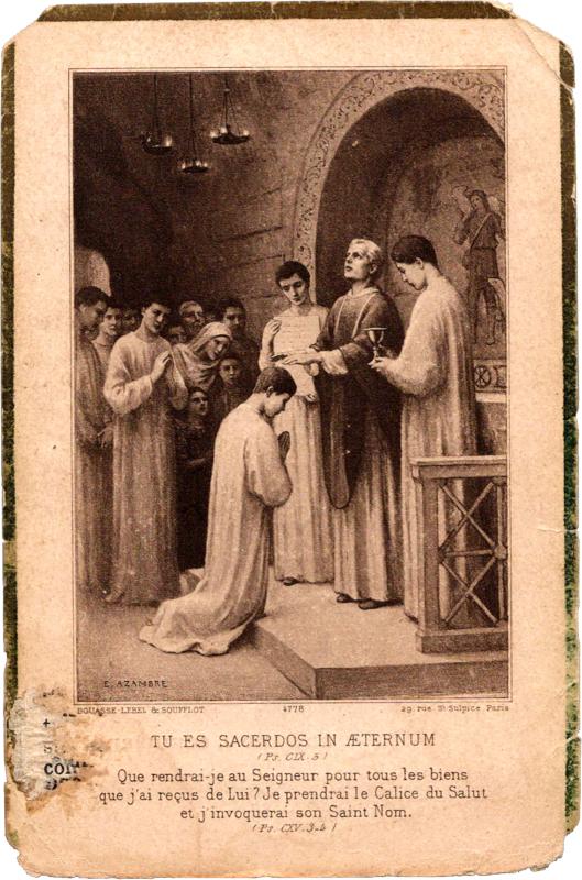 A picture of a man in a robe kneeling in front of a group of people.